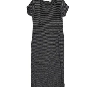 Avee Toi Black White Striped Midi Short Cuffed Sleeves Side Slits Cotton Dress M